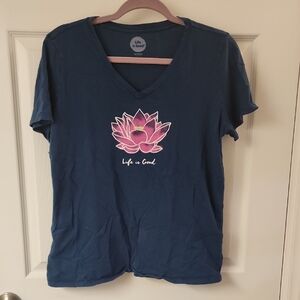 Life Is Good Women's Navy Tee with Pink Lotus